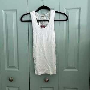 Y2K Poof! White Rose Lace Back Tank Top M/L Stretchy Ribbed